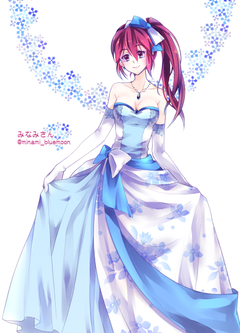 1girl blue_bow bow breasts brown_eyes cleavage collarbone dress earrings elbow_gloves female_focus floating_hair floral_print free! gloves hair_between_eyes hair_bow jewelry long_dress long_hair matsuoka_gou medium_breasts momoko_(momoko14) necklace print_dress red_hair side_ponytail skirt_hold sleeveless sleeveless_dress smile solo strapless strapless_dress twitter_username white_background white_bow white_gloves