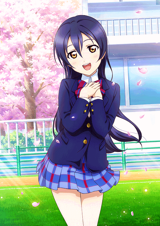 1girl :d anime_coloring apartment blazer blue_hair blue_jacket blue_skirt blush bow bowtie building cherry_blossoms cowboy_shot day diagonal-striped_bow diagonal-striped_bowtie diagonal-striped_clothes dress_shirt falling_petals fence flat_chest flower grass hair_between_eyes hands_on_own_chest jacket lawn light_particles light_rays long_hair long_sleeves looking_at_viewer love_live! love_live!_school_idol_festival love_live!_school_idol_project miniskirt official_art open_mouth otonokizaka_school_uniform outdoors petals pink_flower plaid_clothes plaid_skirt pleated_skirt railing red_bow red_bowtie school_uniform shirt skirt smile solo sonoda_umi spring_(season) standing striped_clothes sunbeam sunlight teeth upper_teeth_only white_shirt winter_uniform yellow_eyes