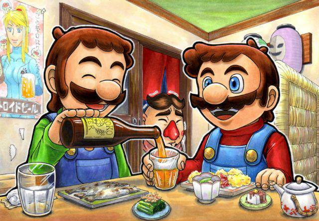 1girl 3boys alcohol beer blonde_hair blue_eyes breasts brothers brown_hair closed_eyes facial_hair gloves itou_masanori large_breasts luigi mario mario_(series) metroid metroid_(creature) multiple_boys mustache nintendo overalls phanto ponytail poster_(medium) samus_aran siblings smile super_mario_bros._1 super_mario_bros._2 zero_suit
