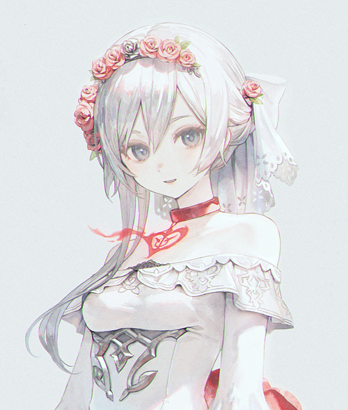 1girl 21_(nijuichinichi) bow choker flower grey_background grey_eyes hair_bow hair_flower hair_ornament happy looking_at_viewer open_mouth red_flower red_rose rose short_hair sidelocks simple_background single_sidelock sinoalice snow_white_(sinoalice) solo tiara veil white_hair