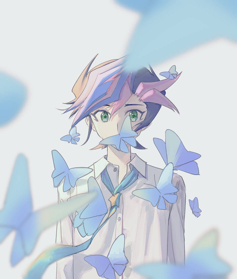 1boy arms_at_sides black_hair blue_butterfly blue_necktie blurry blurry_foreground bug butter butterfly butterfly_on_face butterfly_on_head butterfly_on_shoulder colored_bangs covering_own_mouth dappled_sunlight dress_shirt facing_viewer flying food fujiki_yusaku green_eyes insect light_particles looking_at_viewer loose_necktie male_focus necktie novale110 outdoors partially_unbuttoned shirt spiked_hair sunlight white_background white_shirt wind yu-gi-oh! yu-gi-oh!_vrains
