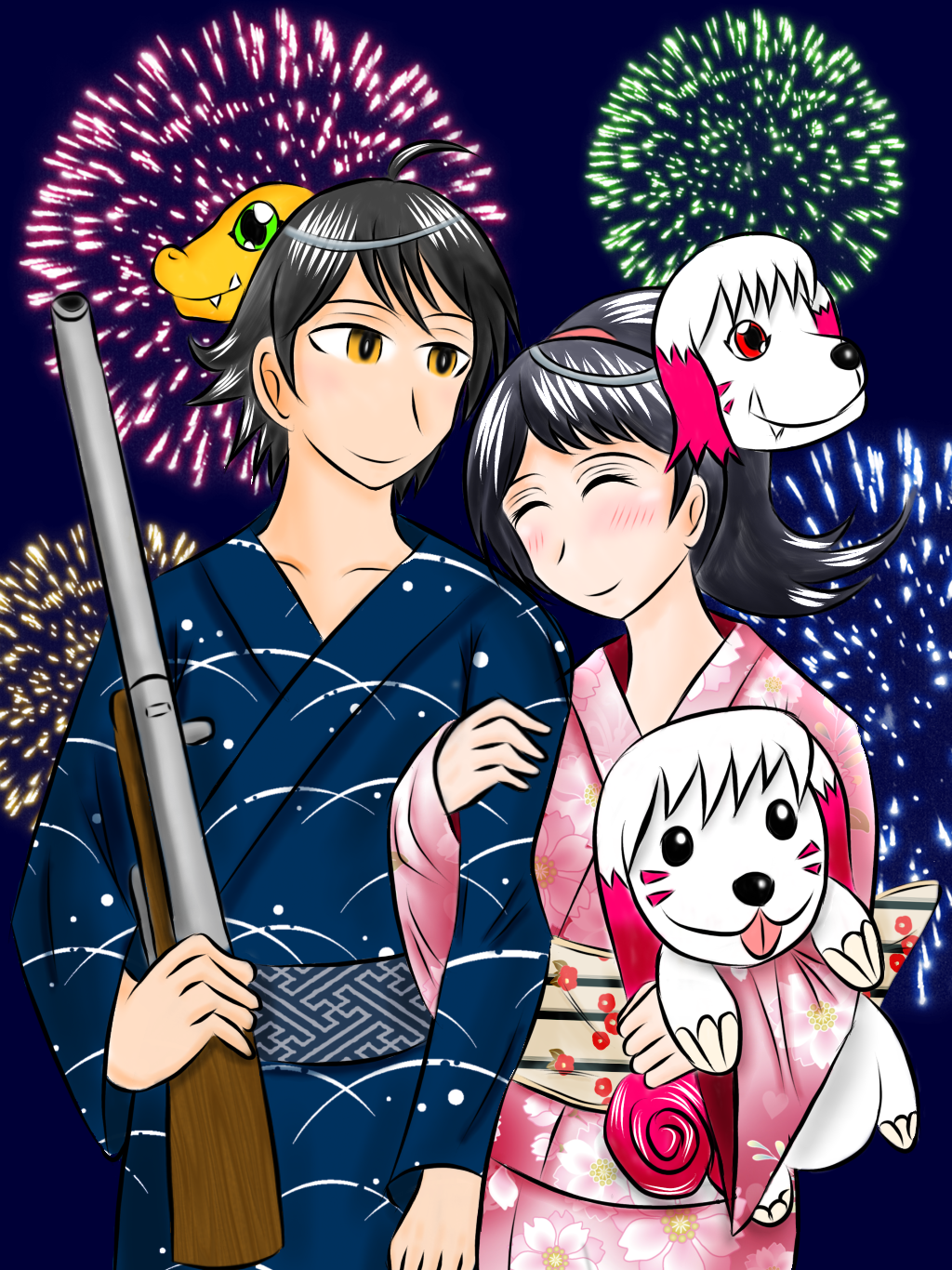 agumon couple digimon digimon_(creature) fireworks highres japanese_clothes kimono labramon mask momotsuka_takuma shibuya_aoi