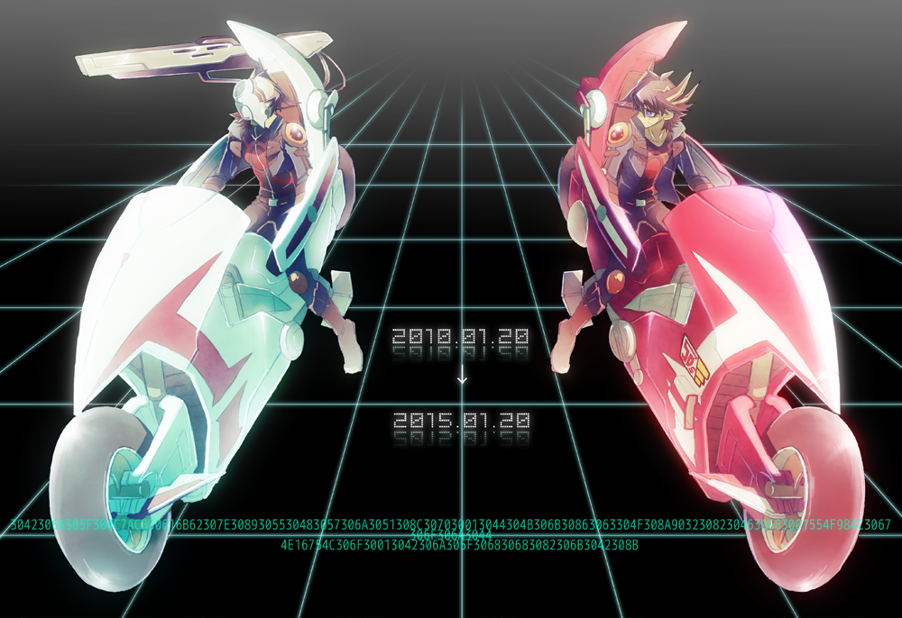 2boys arm_guards artificial_eye binary black_background black_hair blue_eyes blue_jacket brown_footwear brown_gloves clone d-wheel dated decal denim elbow_gloves facial_mark facing_viewer fudo_yusei gloves grid grid_background inverted_colors jacket jeans knee_pads looking_at_another male_focus mechanical_eye mechanical_head motor_vehicle motorcycle multiple_boys numbered open_clothes open_jacket pants popped_collar railgun shoulder_pads spiked_hair technology user_interface weapon ysm1100 yu-gi-oh! yu-gi-oh!_5d&#039;s z-one