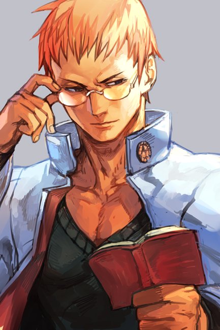 1boy adjusting_eyewear black_shirt book brown_eyes capcom closed_mouth glasses grey_background hand_up holding holding_book hungry_clicker jacket justice_gakuen kagami_kyousuke long_sleeves looking_down male_focus muscular open_book open_clothes open_jacket orange_hair reading shirt simple_background solo upper_body white_jacket