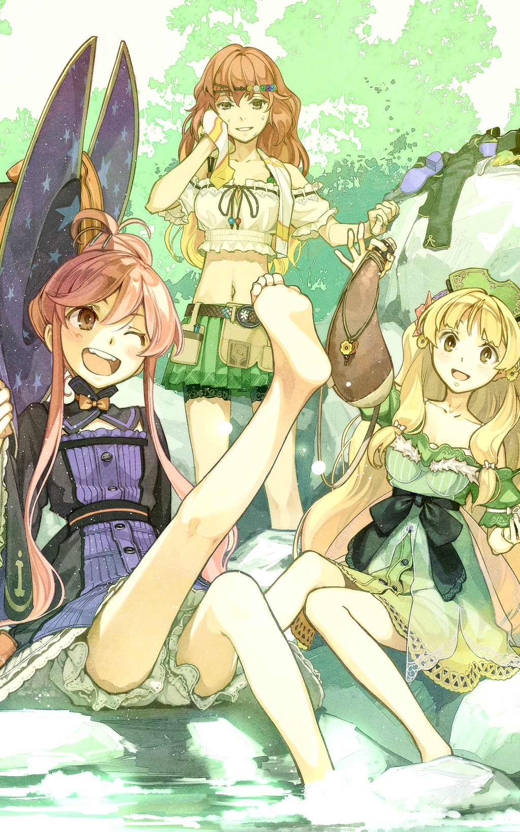3girls ;d atelier_(series) atelier_ayesha atelier_resleriana ayesha_altugle bare_shoulders barefoot belt black_shorts blonde_hair bloomers blouse blush bow brown_eyes collarbone crop_top detached_sleeves dress feet fur_trim green_skirt hair_ornament hairclip hat head_tilt headdress hidari_(left_side) highres holding holding_unworn_clothes holding_unworn_hat kneepits leg_lift long_hair midriff miniskirt multiple_girls navel non-web_source off-shoulder_dress off-shoulder_shirt off_shoulder official_art one_eye_closed open_mouth orange_hair outdoors parted_lips petticoat plaid_clothes plaid_skirt pleated_skirt print_headwear puffy_short_sleeves puffy_sleeves red_hair regina_kurtis ribbon-trimmed_shirt ribbon_trim rock shirt shoes short_sleeves shorts shorts_under_skirt sidelocks sitting skirt smile soaking_feet soles standing star_(symbol) star_print thumbs_up towel towel_around_neck underwear unworn_hat unworn_headwear unworn_shoes very_long_hair waist_bow water waterskin white_bloomers wilbell_voll-ersleid wiping_face witch witch_hat yellow_eyes