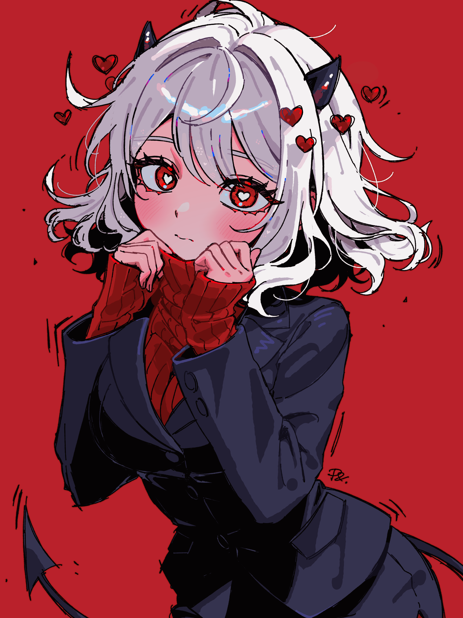 1girl black_horns black_jacket black_skirt black_tail blush breasts closed_mouth demon_girl demon_horns demon_tail hair_intakes hands_up heart heart-shaped_pupils helltaker highres horns jacket large_breasts long_sleeves looking_at_viewer mixed-language_commentary modeus_(helltaker) paulandcookie red_background red_eyes red_sweater short_hair skirt sleeves_past_wrists solo sweater symbol-shaped_pupils tail turtleneck turtleneck_sweater upper_body vertical-striped_sweater white_hair