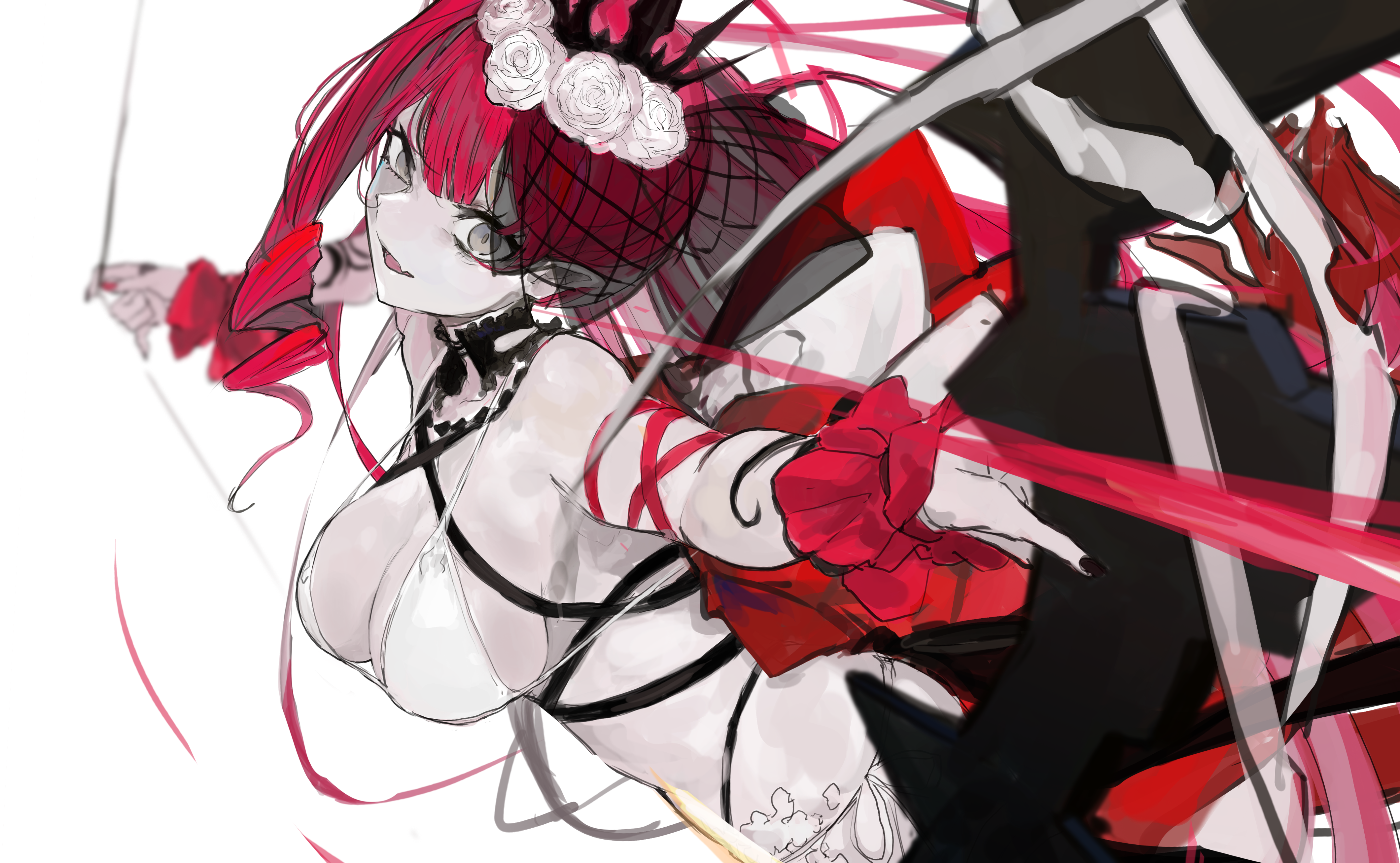 1girl absurdres baobhan_sith_(fate) baobhan_sith_(swimsuit_pretender)_(fate) baobhan_sith_(swimsuit_pretender)_(third_ascension)_(fate) bare_shoulders bikini bow_(weapon) breasts cleavage crown fate/grand_order fate_(series) fetch_failnaught_(fate) grey_eyes highres large_breasts long_hair looking_at_viewer open_mouth pink_hair pointy_ears side_ponytail smile solo swimsuit veil weapon white_bikini yorurokujuu