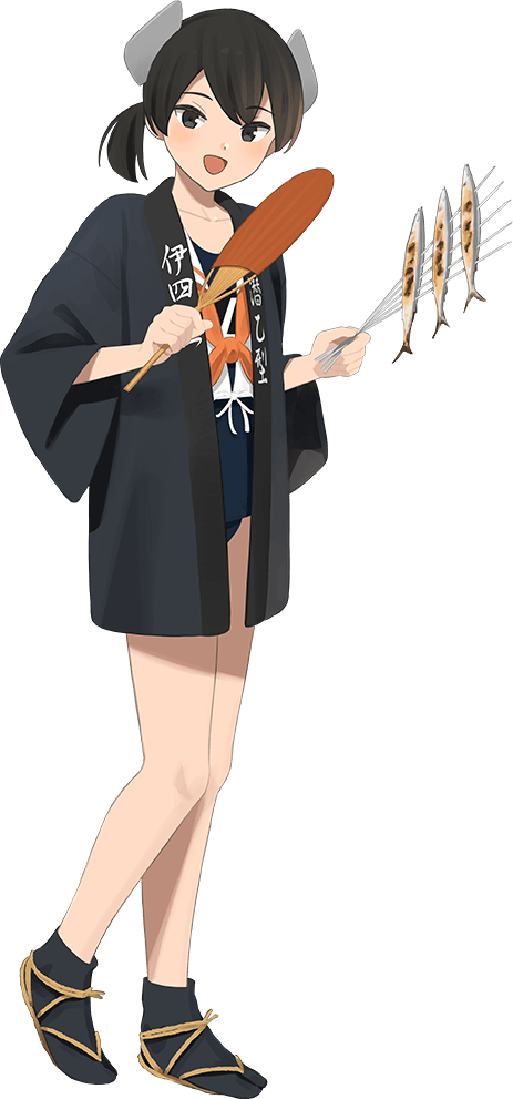 1girl black_hair black_happi black_socks blue_one-piece_swimsuit brown_background fish full_body hand_fan headgear i-41_(kancolle) i-41_(saury_festival)_(kancolle) kantai_collection low_ponytail neckerchief official_art one-piece_swimsuit orange_neckerchief paper_fan ponytail sailor_collar sailor_shirt sandals saury school_swimsuit shibafu_(glock23) shirt smile socks solo swimsuit swimsuit_under_clothes tabi transparent_background uchiwa white_sailor_collar white_shirt