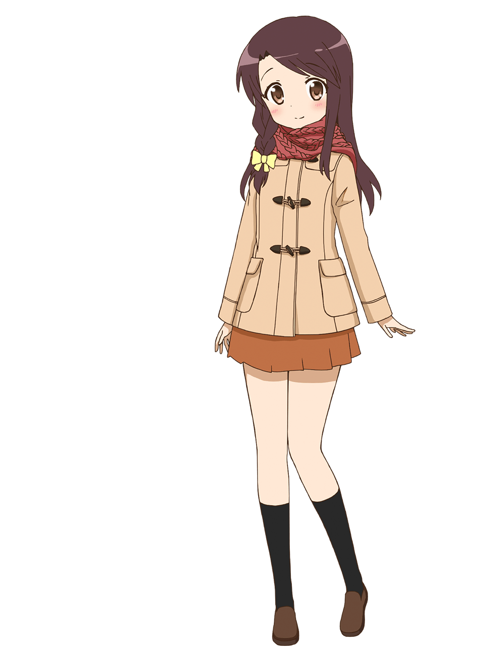 1girl arms_at_sides asymmetrical_hair black_socks braid brown_coat brown_eyes brown_hair brown_shoes closed_mouth coat full_body highres kin-iro_mosaic long_hair long_sleeves matsubara_honoka miniskirt official_art orange_skirt pleated_skirt red_scarf scarf shoes side_braid sidelocks simple_background single_braid skirt smile socks solo standing tachi-e transparent_background ueta_kazuyuki