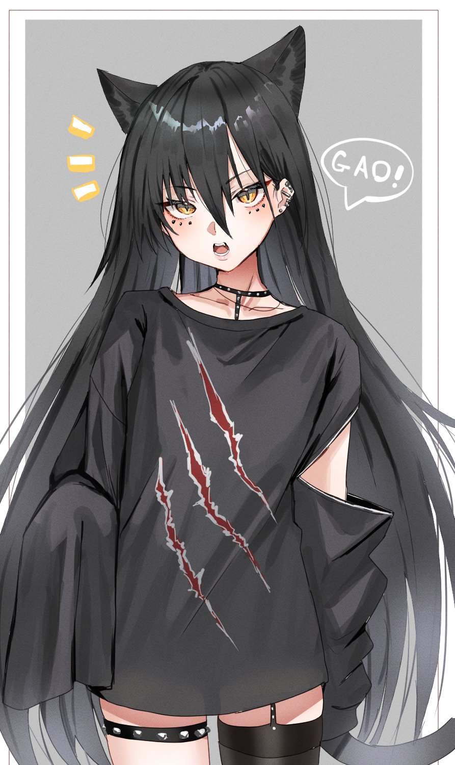 1girl animal_ears arknights black_hair black_jacket black_shirt black_thighhighs border commentary_request cowboy_shot dagda_(arknights) earrings gao garter_straps grey_background hair_between_eyes highres horn/wood jacket jacket_partially_removed jewelry long_hair looking_at_viewer notice_lines open_mouth shirt simple_background single_garter_strap single_thighhigh solo speech_bubble stud_earrings studded_choker studded_thigh_strap thigh_strap thighhighs two-tone_background white_border yellow_eyes