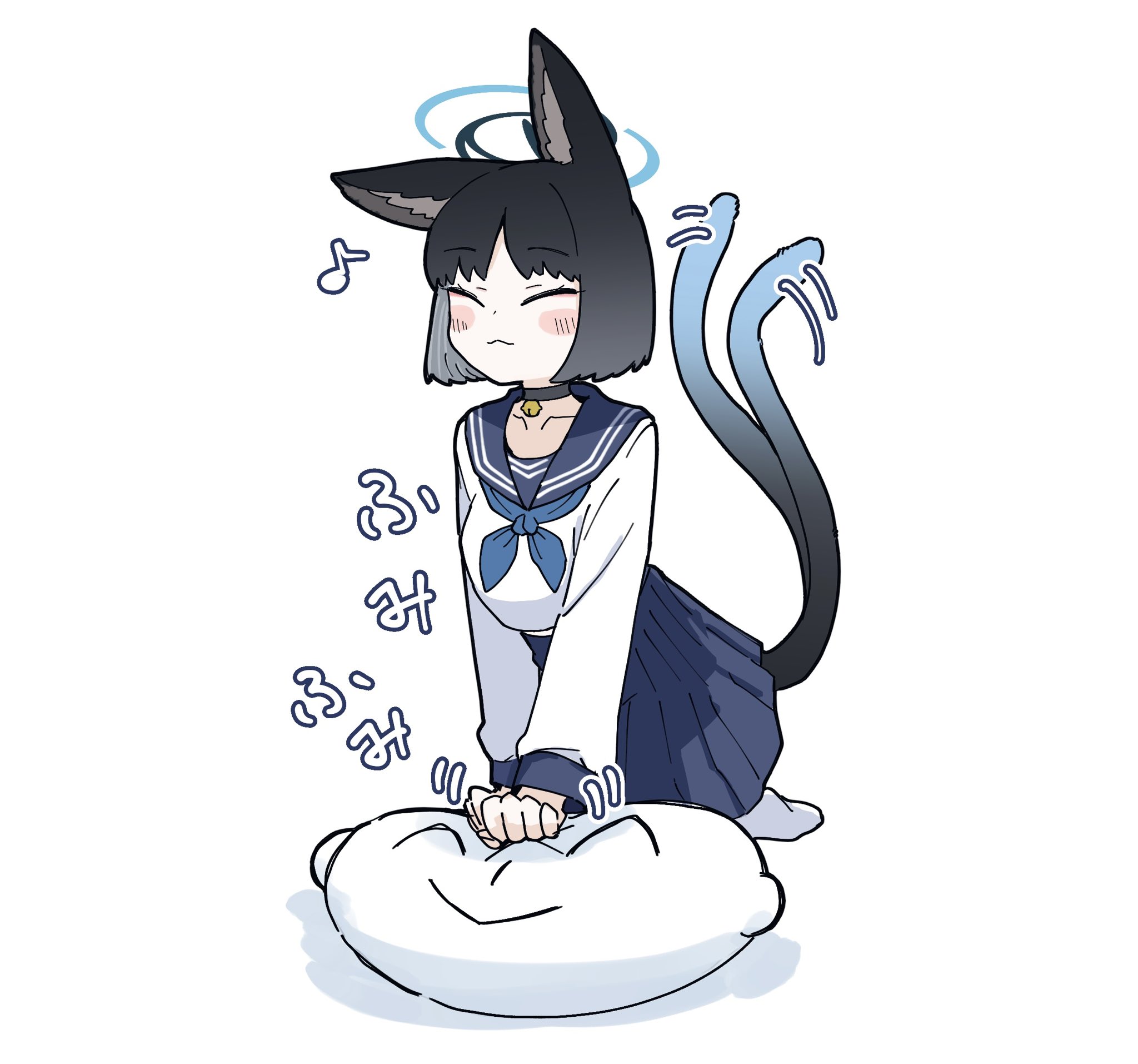 1girl animal_ears black_hair blue_archive blue_halo blue_sailor_collar blue_skirt cat_ears cat_girl cat_tail closed_eyes closed_mouth collar doodle_sensei_(blue_archive) halo highres kikyou_(blue_archive) pillow pushing_away pushing_face sailor_collar school_uniform sensei_(blue_archive) serafuku short_hair simple_background skirt socks stretching suecovsky tail white_background
