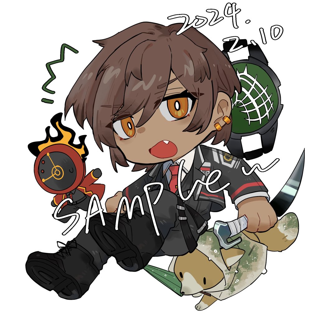 1girl 1other animal animal_hands black_gloves black_jacket black_pants black_shirt black_shoes bright_pupils brown_hair chengzimianbao clock clothed_animal coat collared_shirt dagger dante_(limbus_company) dark-skinned_female dark_skin deformed e.g.o_(project_moon) fang flaming_head fox full_body gloves green_umbrella holding holding_dagger holding_knife holding_weapon jacket knife limbus_company long_sleeves looking_at_viewer necktie object_head open_mouth orange_eyes outis_(project_moon) pants project_moon raincoat red_coat red_necktie shirt shoes short_hair simple_background solo_focus sunshower_(e.g.o) umbrella weapon white_background white_fur white_pupils white_raincoat white_shirt yellow_fur
