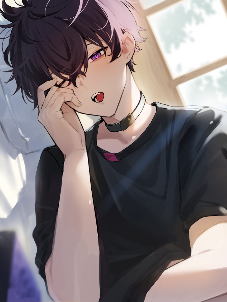 1boy arm_up bed black_hair black_shirt boss_yupi clothes_lift commentary crew_neck crossed_bangs hair_between_eyes hashtag-only_commentary highres lifting_own_clothes lying male_focus nijisanji on_side one_eye_closed open_mouth pillow purple_eyes saiki_ittetsu saiki_ittetsu_(1st_costume) shirt shirt_lift short_hair short_sleeves solo t-shirt teeth tongue tree virtual_youtuber window