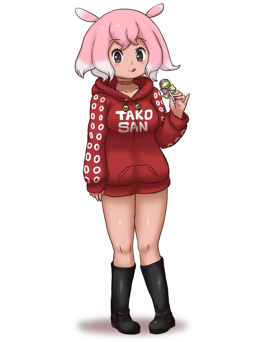 1girl :p adansosutega alternate_costume black_boots blush boots brown_eyes candy choker dress food full_body gradient_hair hair_between_eyes highres hood hood_down japanese_pancake_devilfish_(kemono_friends) kemono_friends lollipop long_sleeves multicolored_hair pink_hair red_choker red_sweater rubber_boots short_hair sidelocks solo sweater sweater_dress tongue tongue_out white_hair