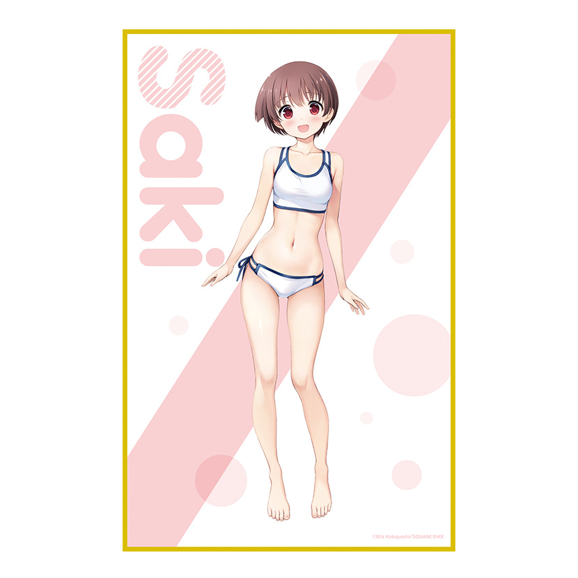 1girl arms_at_sides barefoot bikini blush breasts brown_hair character_name kobayashi_ritz looking_at_viewer merchandise_available miyanaga_saki navel official_art open_mouth red_eyes saki_(manga) short_hair side-tie_bikini_bottom skindentation small_breasts solo swimsuit thigh_gap white_bikini