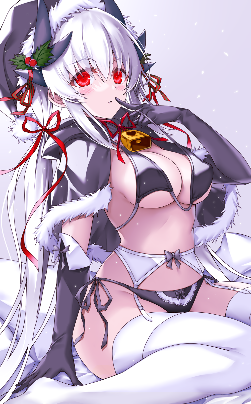 1girl alternate_costume black_capelet black_gloves black_headwear breasts capelet christmas dragon_girl dragon_horns elbow_gloves fate/grand_order fate_(series) fur-trimmed_capelet fur-trimmed_gloves fur-trimmed_headwear fur_trim garter_belt gloves highres horns kiyohime_(fate) kiyohime_(third_ascension)_(fate) large_breasts long_hair morizono_shiki multiple_horns red_eyes sitting solo thighhighs wariza white_hair white_thighhighs