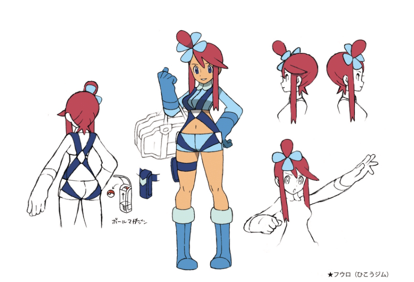 1girl 2024_pokemon_teraleak ass blue_eyes blue_footwear blue_gloves blue_shorts breasts concept_art crop_top cropped_jacket gloves hair_ornament hand_on_own_hip hand_up midriff multiple_views nintendo official_art one_side_up oomura_yuusuke pokemon pokemon_bw pouch red_hair short_shorts shorts skyla_(pokemon) thigh_pouch third-party_source