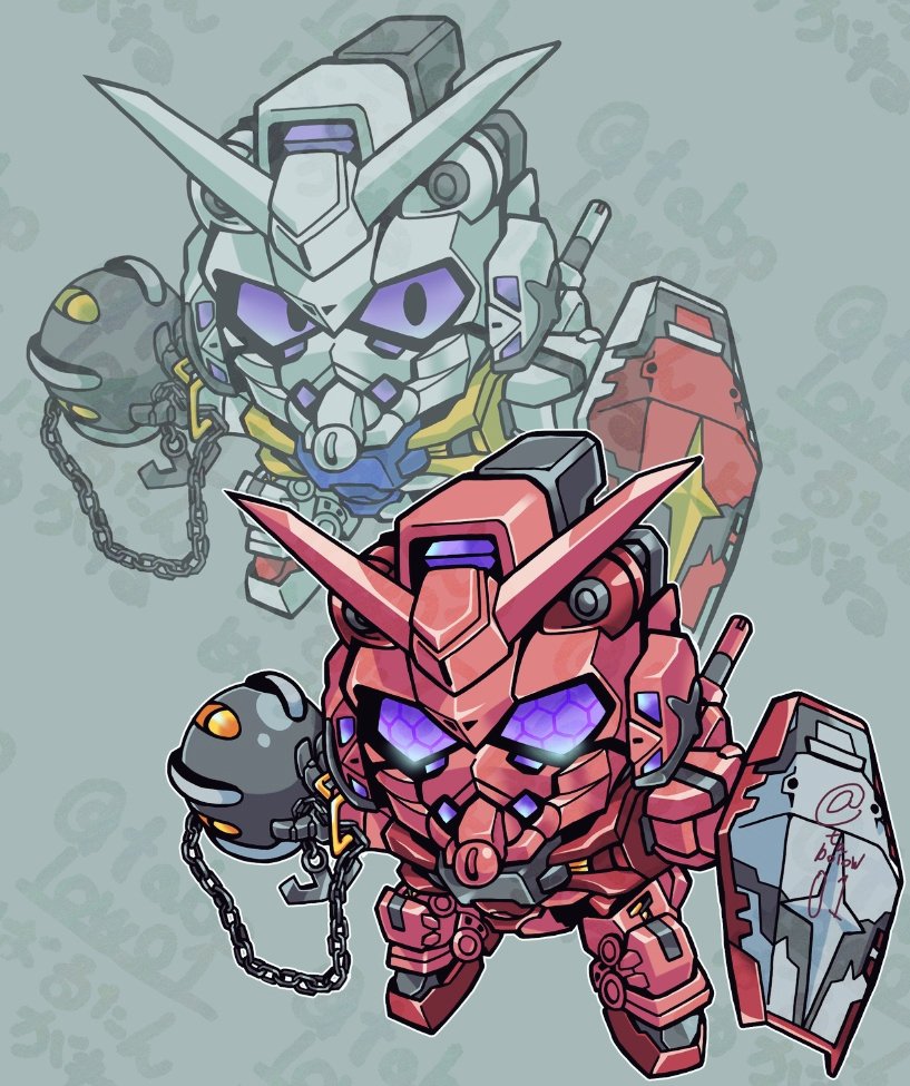 armor barutan chibi chibi_only colored_sclera dual_persona fake_horns gundam gundam_gquuuuuux helmet holding holding_flail holding_shield horned_helmet horns looking_at_viewer mecha mecha_focus mobile_suit no_humans purple_eyes purple_sclera red_armor red_gundam riot_shield robot sd_gundam shield v-fin white_armor white_gundam
