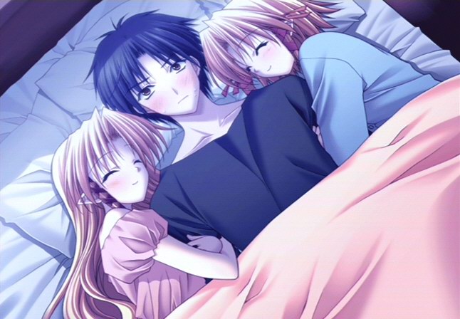 00s 1boy 2girls arm_clutch arm_hug bed bedroom cuddling double_arm_hug game_cg girl_sandwich kareha multiple_girls pointy_ears sandwiched shuffle! suzuhira_hiro tsubomi tsubomi_(shuffle!) tsuchimi_rin