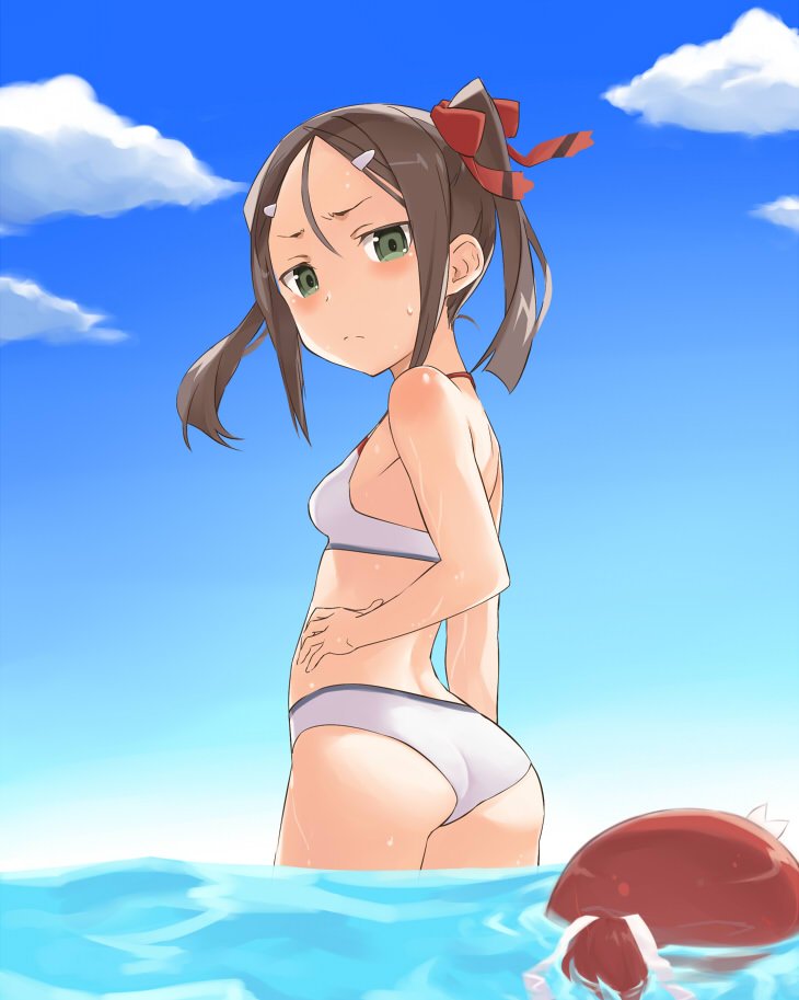 2girls ass back bikini blue_sky breasts brown_hair closed_mouth cloud cloudy_sky commentary day from_behind frown glaring hair_ornament hair_ribbon hairclip halterneck hand_on_own_hip looking_at_another looking_back medium_hair miyoshi_karin multiple_girls one_side_up outdoors red_hair red_ribbon ribbon shikou_sakugo_(qqap9gt9k) sky small_breasts standing submerged swimsuit wading water wet white_bikini yuuki_yuuna yuuki_yuuna_wa_yuusha_de_aru yuusha_de_aru