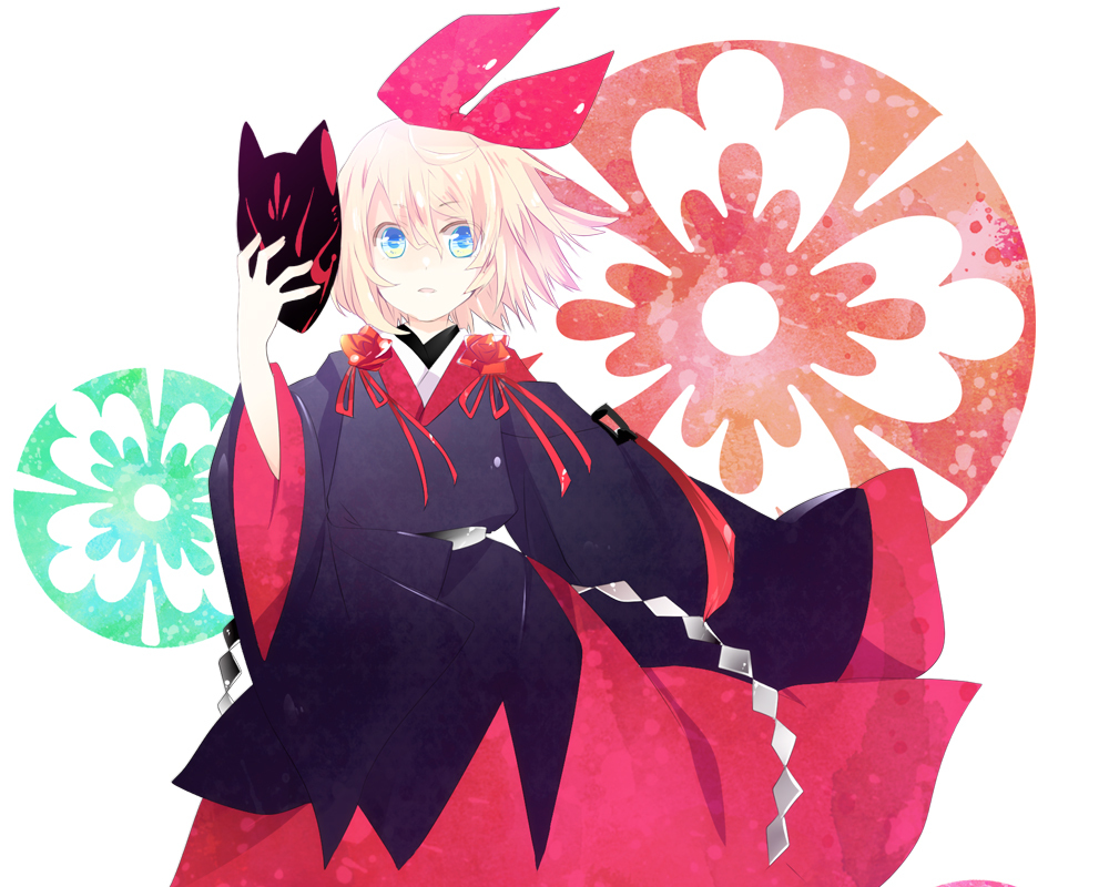 1girl blonde_hair blue_eyes female_focus fox_mask hair_ribbon japanese_clothes kagamine_rin kaisaki looking_at_viewer mask ribbon short_hair solo vocaloid