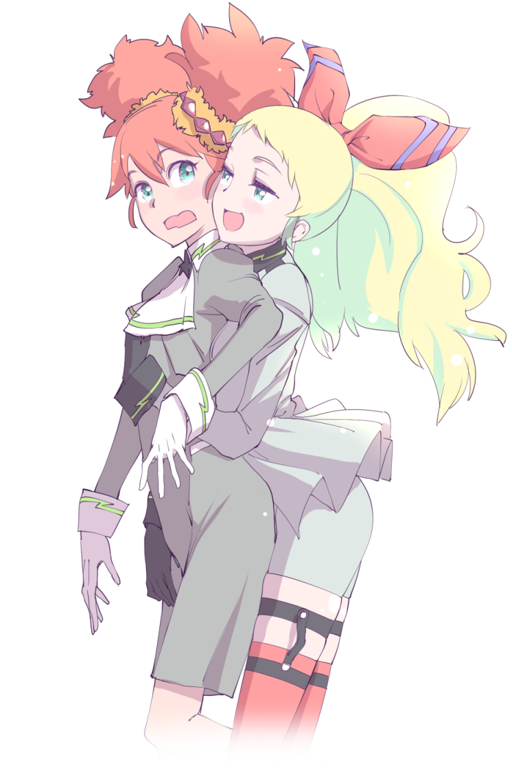 10s 2girls aqua_eyes blonde_hair breasts chloe_maxwell dress hug hug_from_behind large_breasts looking_at_another looking_back luck_&amp;_logic maxwell_chloe multiple_girls open_mouth orange_hair rakuen_rojikku smile thighhighs touge_hiro twintails valkyrie_(luck_&amp;_logic) yuri