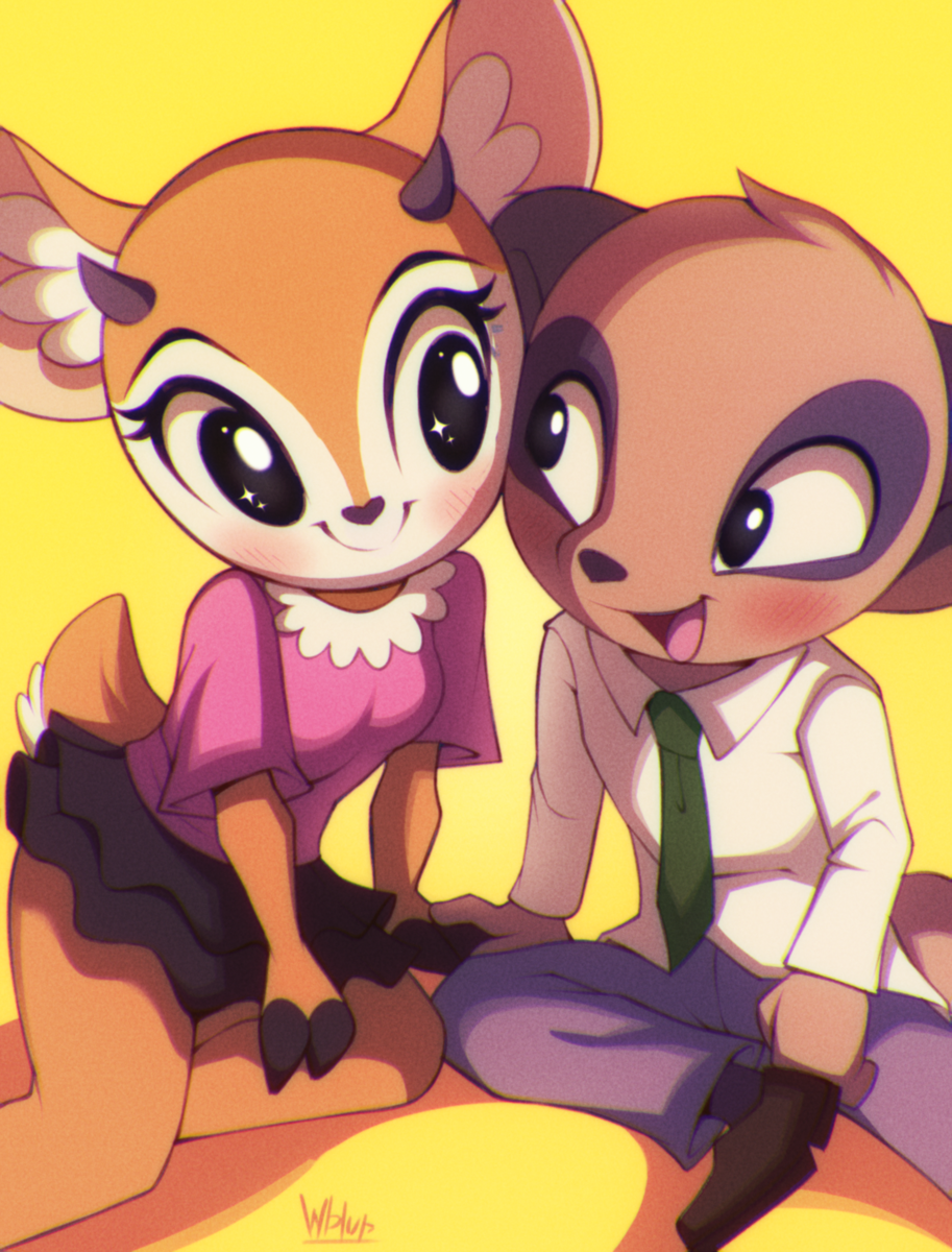 1boy 1girl aggressive_retsuko animal_ears animal_nose bare_legs black_eyes black_footwear black_skirt blue_pants blush breasts brown_fur c: dress_shirt film_grain furry furry_female furry_male green_necktie hand_on_ground hand_on_own_leg heads_together highres holding_hands hooves horns komiya_(aggretsuko) long_sleeves looking_at_another medium_breasts miniskirt necktie open_mouth pants pink_shirt shirt shoes short_sleeves signature simple_background sitting skirt smile tail tsunoda_(aggretsuko) white_shirt wildblur yellow_background