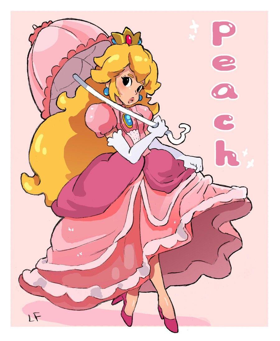 1girl artist_request black_eyes blonde_hair blue_gemstone border brooch character_name chest_jewel crown dress earrings elbow_gloves eyelashes frilled_dress frills full_body gem gloves gold_headwear high_heels holding holding_umbrella jewelry lace-trimmed_umbrella lipstick long_dress long_hair looking_at_viewer makeup mario_(series) mini_crown nintendo parasol parted_lips pink_background pink_dress pink_lips pink_shoes pink_sleeves pink_umbrella princess_peach puffy_short_sleeves puffy_sleeves shadow shoes short_sleeves simple_background skirt_hold solo sparkle sphere_earrings super_mario_bros._1 super_smash_bros. third-party_source umbrella very_long_hair white_border white_gloves