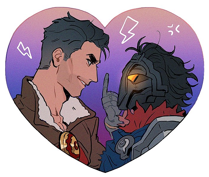 2boys anger_vein arcane:_league_of_legends arcane_jayce arm_up armor black_hair brown_coat bunnyclvb coat collared_coat commentary cyborg eye_contact face-to-face fur_trim gradient_background grin hair_slicked_back heart jayce_(league_of_legends) league_of_legends lightning_bolt_symbol looking_at_another male_focus mask multiple_boys pauldrons pointing profile red_fur shoulder_armor sideburns smile teeth thick_eyebrows upper_body viktor_(arcane) viktor_(league_of_legends) white_background white_fur yellow_eyes