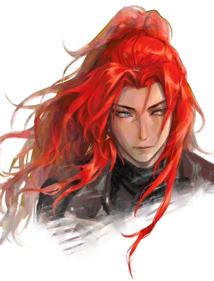 1boy blue_eyes chenyao4444444 dante_(nu_carnival) dark-skinned_male dark_skin earrings hair_blowing heterochromia jewelry long_hair looking_to_the_side male_focus nu_carnival ponytail red_eyes red_hair upper_body wind
