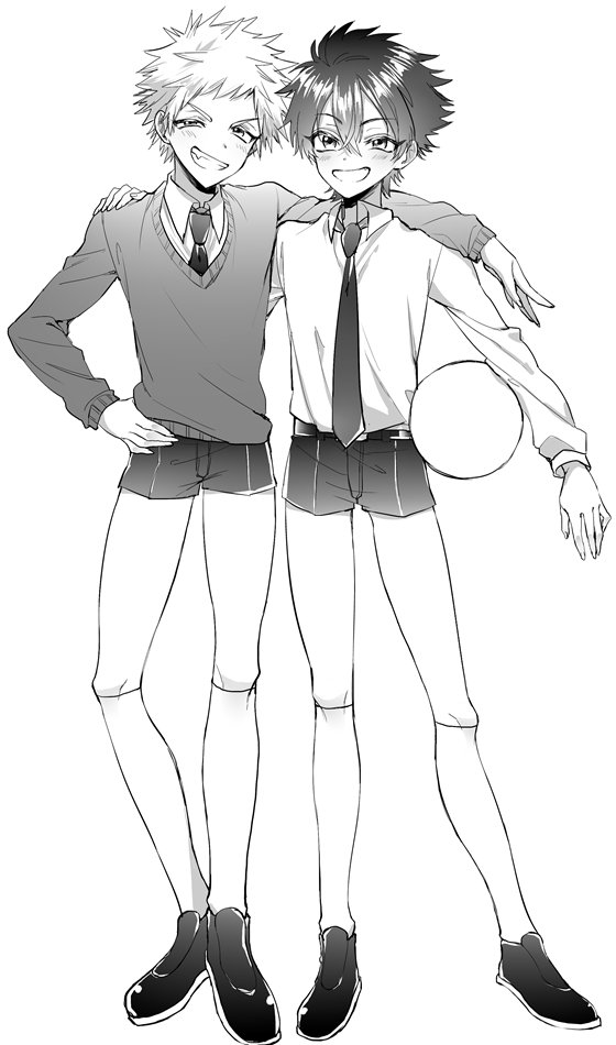2boys artist_request bad_id bad_twitter_id ball black_hair darren_shan greyscale holding holding_ball male_focus monochrome multiple_boys necktie school_uniform short_hair shorts smile smirk steve_leonard sweater the_saga_of_darren_shan white_hair