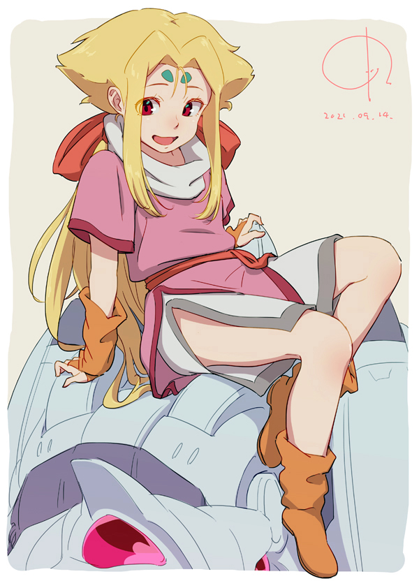2021 4690_(tkpbsk) blonde_hair fiona_(zoids) gloves long_hair open_mouth red_eyes sitting zoids