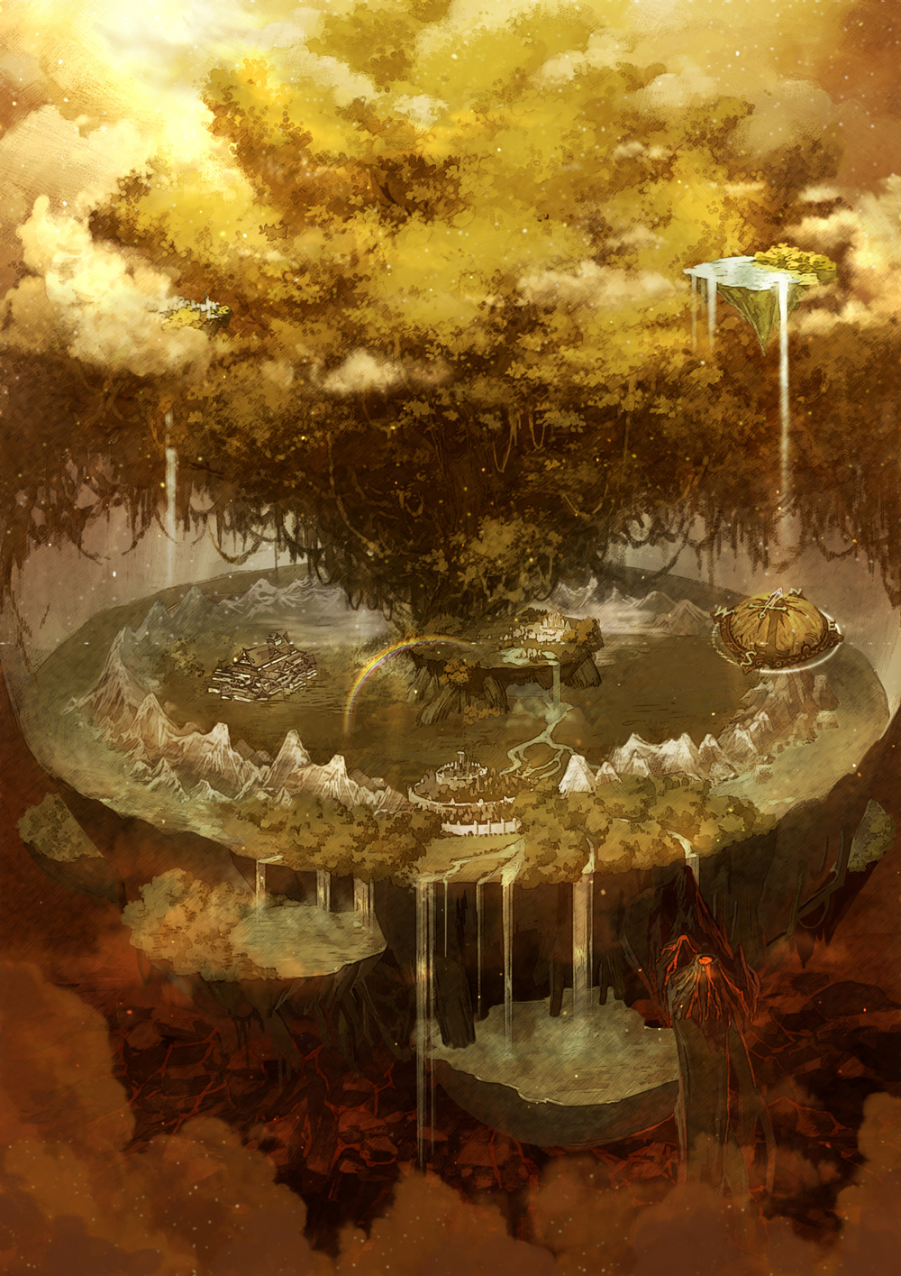 bad_id bad_pixiv_id fantasy floating_island highres no_humans rainbow scenery sky star_(sky) starry_sky tree volcano water waterfall yggdrasil yuanmaru