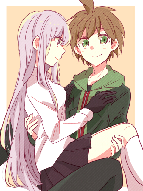 1boy 1girl ahoge black_gloves black_skirt brown_hair carrying danganronpa:_trigger_happy_havoc danganronpa_(series) gloves green_eyes green_hoodie hood hoodie kirigiri_kyoko long_hair naegi_makoto pleated_skirt princess_carry purple_eyes purple_hair shirt short_hair skirt white_shirt zawameki