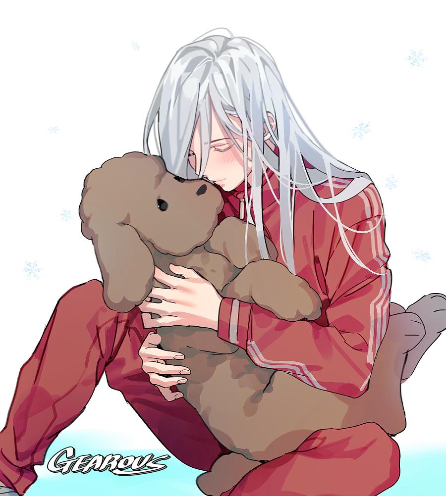 1boy aged_down animal artist_name dog closed_eyes gearous holding holding_animal long_hair makkachin male_focus silver_hair sitting snowflakes track_suit viktor_nikiforov yuri!!!_on_ice