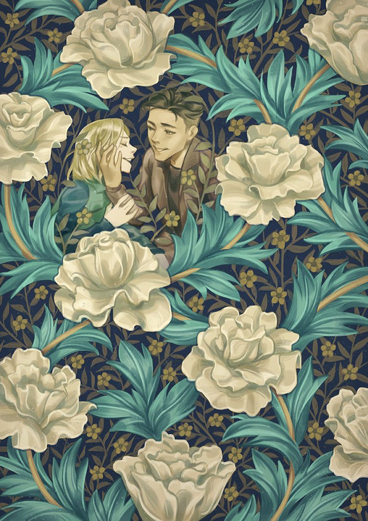 2boys black_hair blonde_hair blue_shirt brown_jacket closed_eyes couple eyebrows eyelashes flower flower_on_head green_jacket hand_on_another&#039;s_head happy headpat jacket long_sleeves looking_at_another male_focus multiple_boys munette otabek_altin pale_skin shirt short_hair three-quarter_sleeves smile tan teeth undercut white_flower yaoi yuri!!!_on_ice yuri_plisetsky