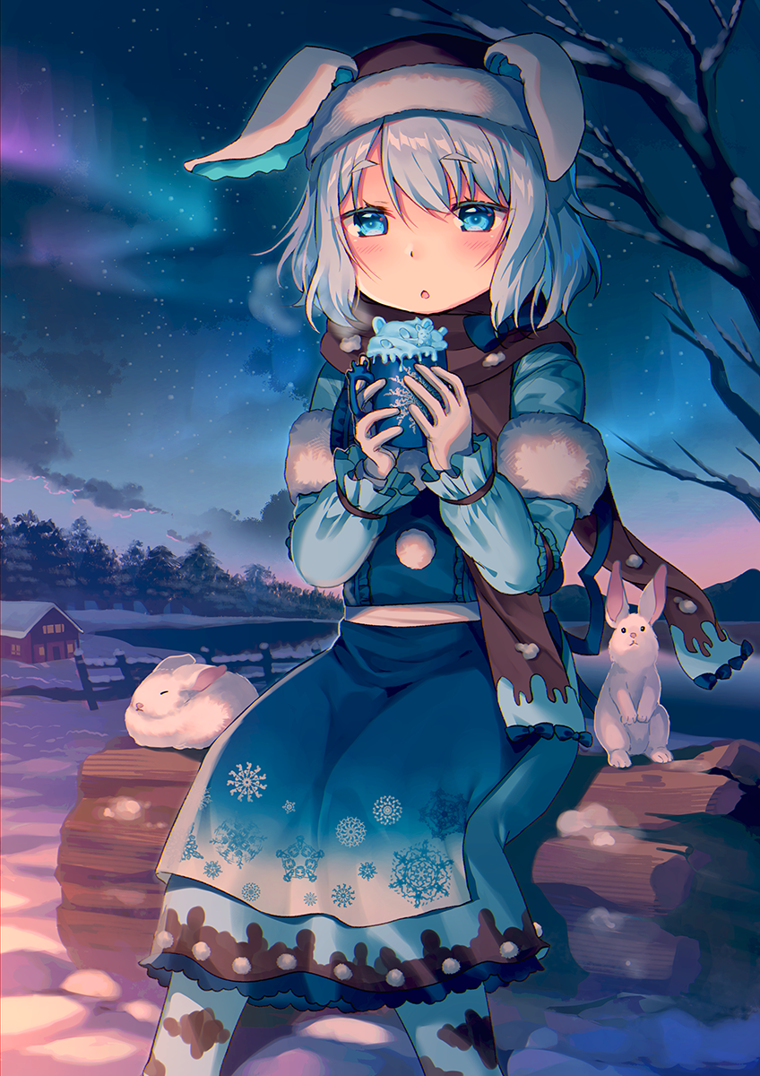 1girl :o animal animal_ears aurora bare_tree blue_bow blue_dress blue_eyes blue_pantyhose blush bow breath brown_hat brown_scarf building cloud commentary commission craytm cup dress english_commentary feet_out_of_frame fur-trimmed_headwear fur_trim grey_hair hair_between_eyes hands_up hat highres holding holding_cup long_sleeves mug night night_sky original outdoors pantyhose parted_lips puffy_long_sleeves puffy_sleeves rabbit rabbit_ears scarf sky sleeves_past_wrists snow solo star_(sky) starry_sky tree