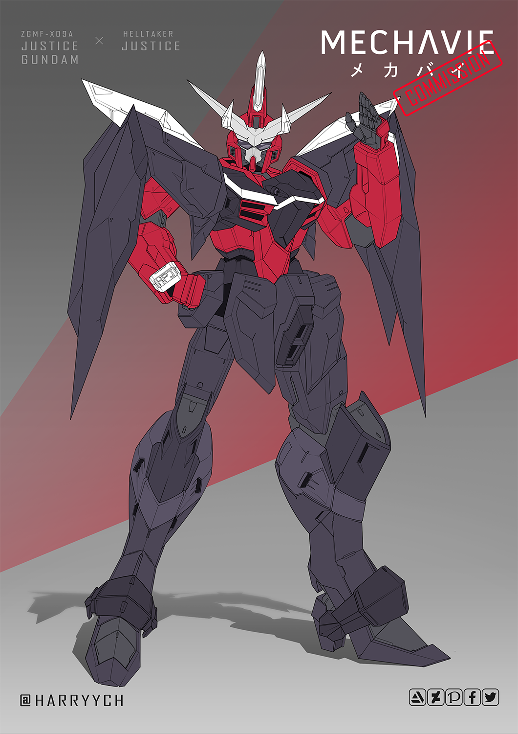 artist_name character_name commentary commission deviantart_logo english_commentary facebook_logo fusion gundam gundam_seed hand_on_own_hip harryych helltaker highres justice_(helltaker) justice_gundam looking_at_viewer mecha mechanization mobile_suit name_connection no_humans pixiv_logo robot science_fiction solo standing twitter_logo v-fin waving