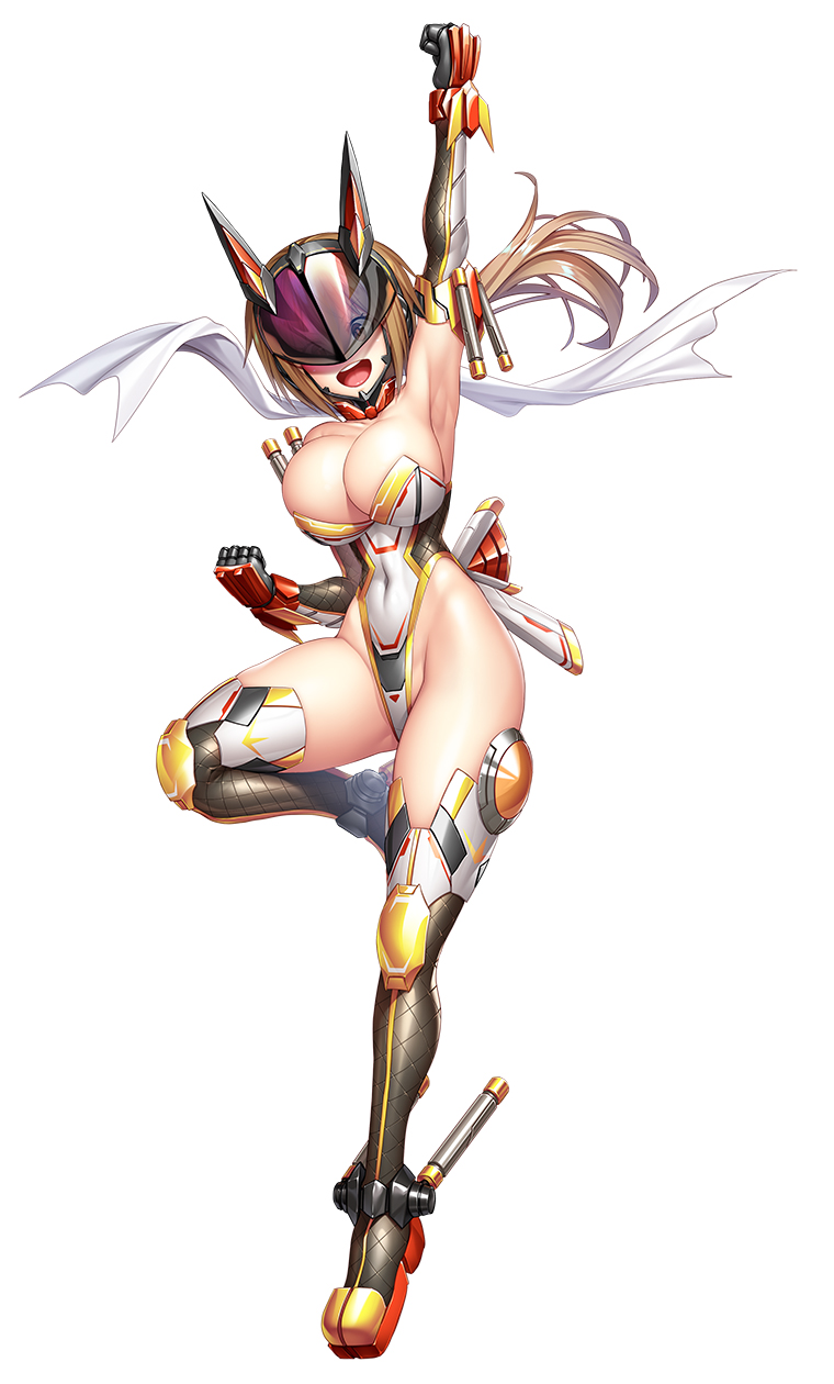 1girl asahi_(fullmetal_madness) breasts brown_hair cleavage covered_navel full_body gauntlets helmet highleg highleg_leotard highres large_breasts leotard official_art open_mouth scarf second-party_source solo standing standing_on_one_leg strapless strapless_leotard taimanin_(series) taimanin_rpgx utashima_mugi white_background white_scarf