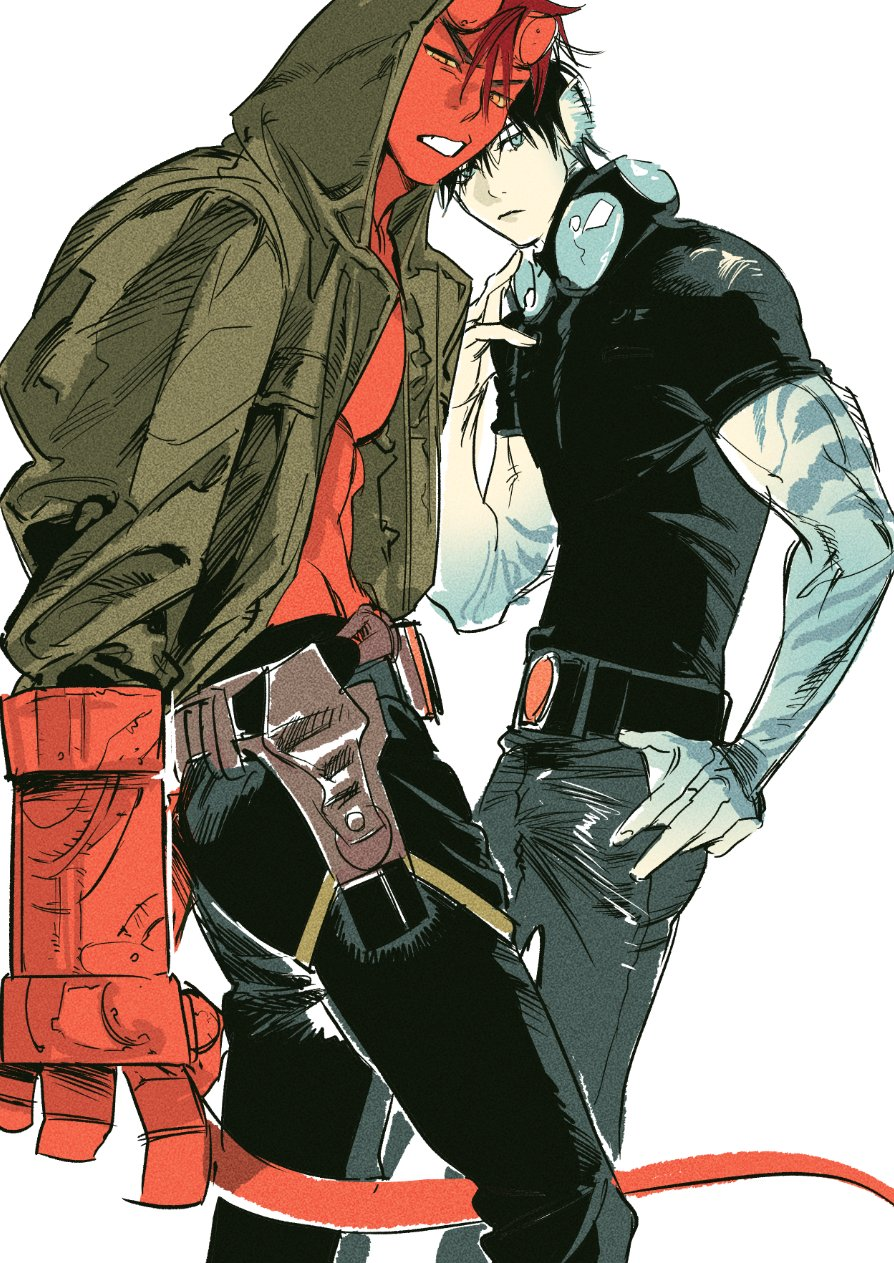 2boys abraham_sapien abs atie1225 belt black_hair blue_eyes colored_skin demon_boy gauntlets hellboy hellboy_(comic) highres holster hood hood_up horns jacket looking_at_viewer male_focus merman monster_boy multiple_boys muscular muscular_male open_clothes open_jacket pants pectorals red_skin shirt short_hair standing tail teeth white_background yellow_eyes