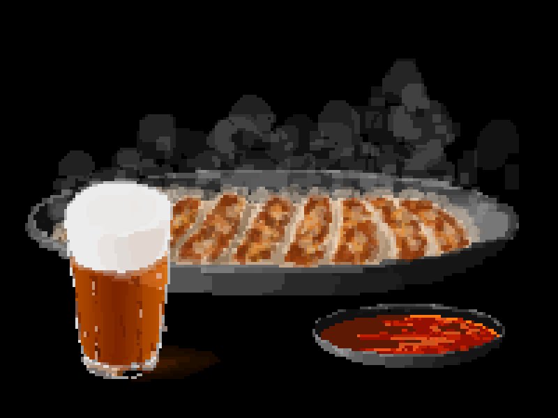 alcohol beer black_background dumpling foam food glass hisachan55cute jiaozi no_humans original pixel_art simple_background soy_sauce steaming_food still_life tray