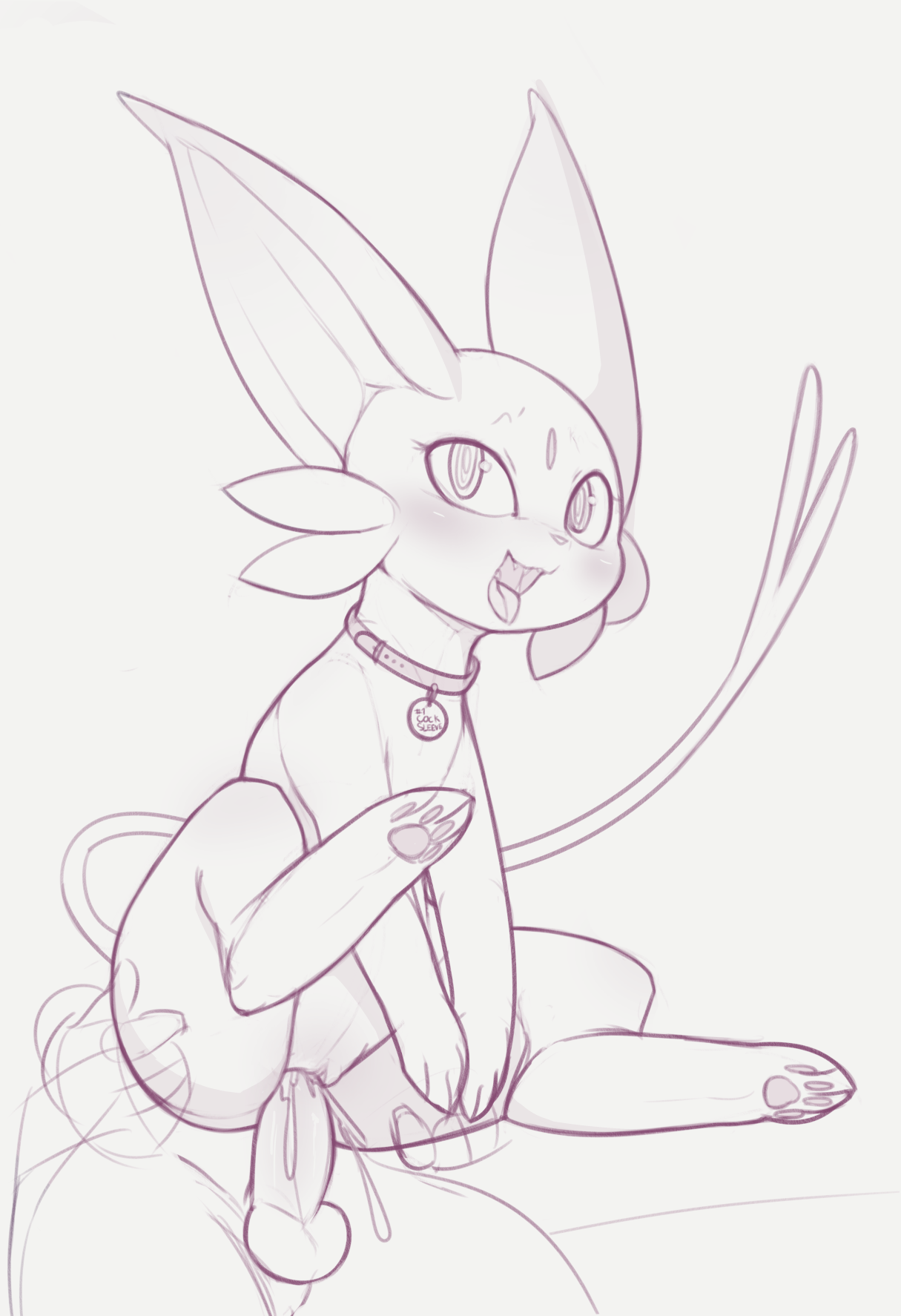 1boy 1girl :3 @_@ animal_collar animal_focus animal_sexualization bestiality blush collar cum cum_in_pussy ejaculation english_text erection espeon fangs forehead_jewel forked_tail full_body gen_2_pokemon grey_background greyscale happy highres kekitopu monochrome nintendo open_mouth pawpads penis pokemon pokemon_(creature) pussy raised_eyebrows saliva simple_background sketch smile solo_focus tail testicles tongue tongue_out