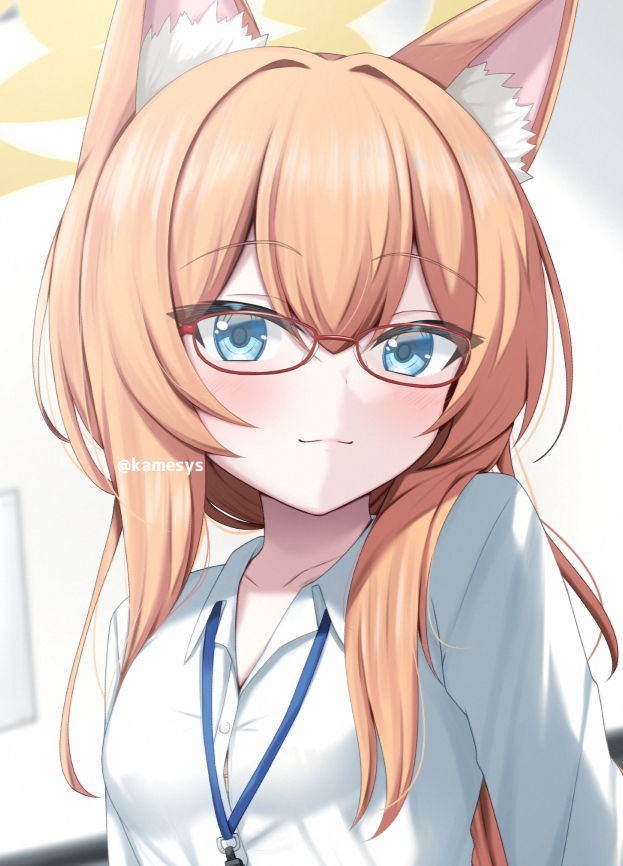1girl :3 alternate_costume animal_ear_fluff animal_ears blue_archive blue_eyes breasts cat_ears cat_girl commentary_request double-parted_bangs glasses hair_over_shoulder halo kamesys lanyard light_blush long_hair mari_(blue_archive) medium_breasts orange_hair popped_collar red-framed_eyewear shirt solo twitter_username upper_body white_shirt