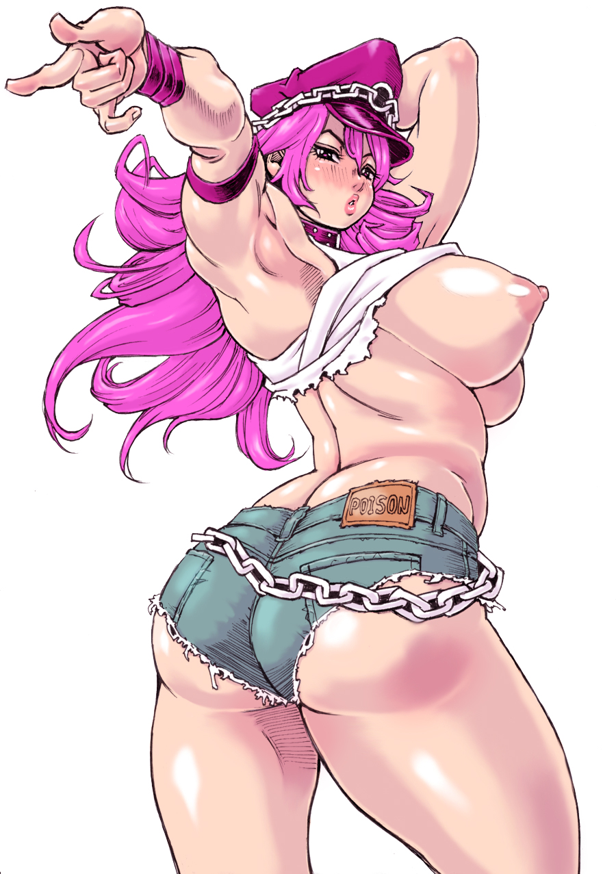 1girl arm_strap ass ass_hanging_out blue_eyes breasts breasts_out butt_crack chain choker clothes_lift cowboy_shot denim denim_shorts from_behind hair_between_eyes hat heart heart-shaped_pupils highres large_breasts long_hair looking_back millefeuille name_tag nipples peaked_cap pink_hair pink_hat poison_(final_fight) shirt_lift shorts solo symbol-shaped_pupils tank_top thick_thighs thighs white_tank_top