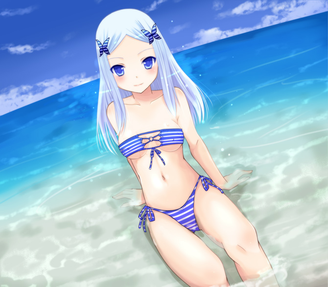 1girl arm_support bad_id bad_pixiv_id bandeau bare_shoulders bikini blue_eyes blue_hair blush breasts cleavage covered_erect_nipples day female_focus front-tie_top kay kay_(utd) long_hair matching_hair/eyes medium_breasts navel o-ring o-ring_top ocean original partially_submerged side-tie_bikini_bottom sitting solo striped_bikini striped_clothes submerged swimsuit underboob water