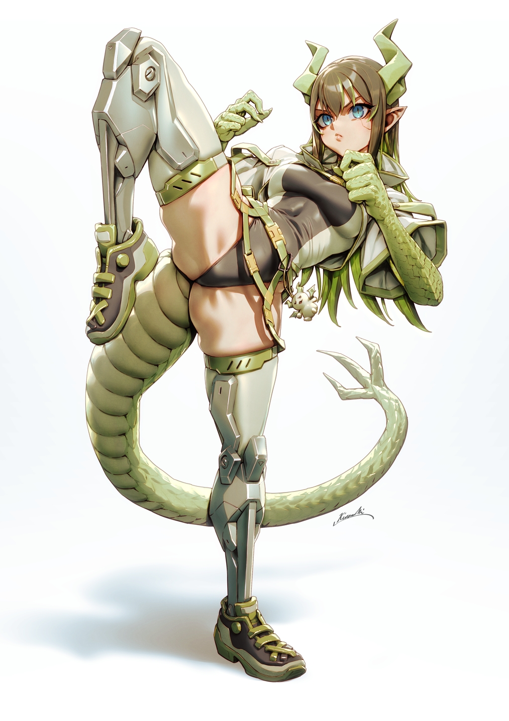1girl artist_name blue_eyes brown_hair commentary_request dragon_girl dragon_horns dragon_tail green_scales green_streaks highres horns kionaoki leotard original pointy_ears prosthesis prosthetic_leg shoes simple_background slit_pupils sneakers standing standing_on_one_leg tail white_background