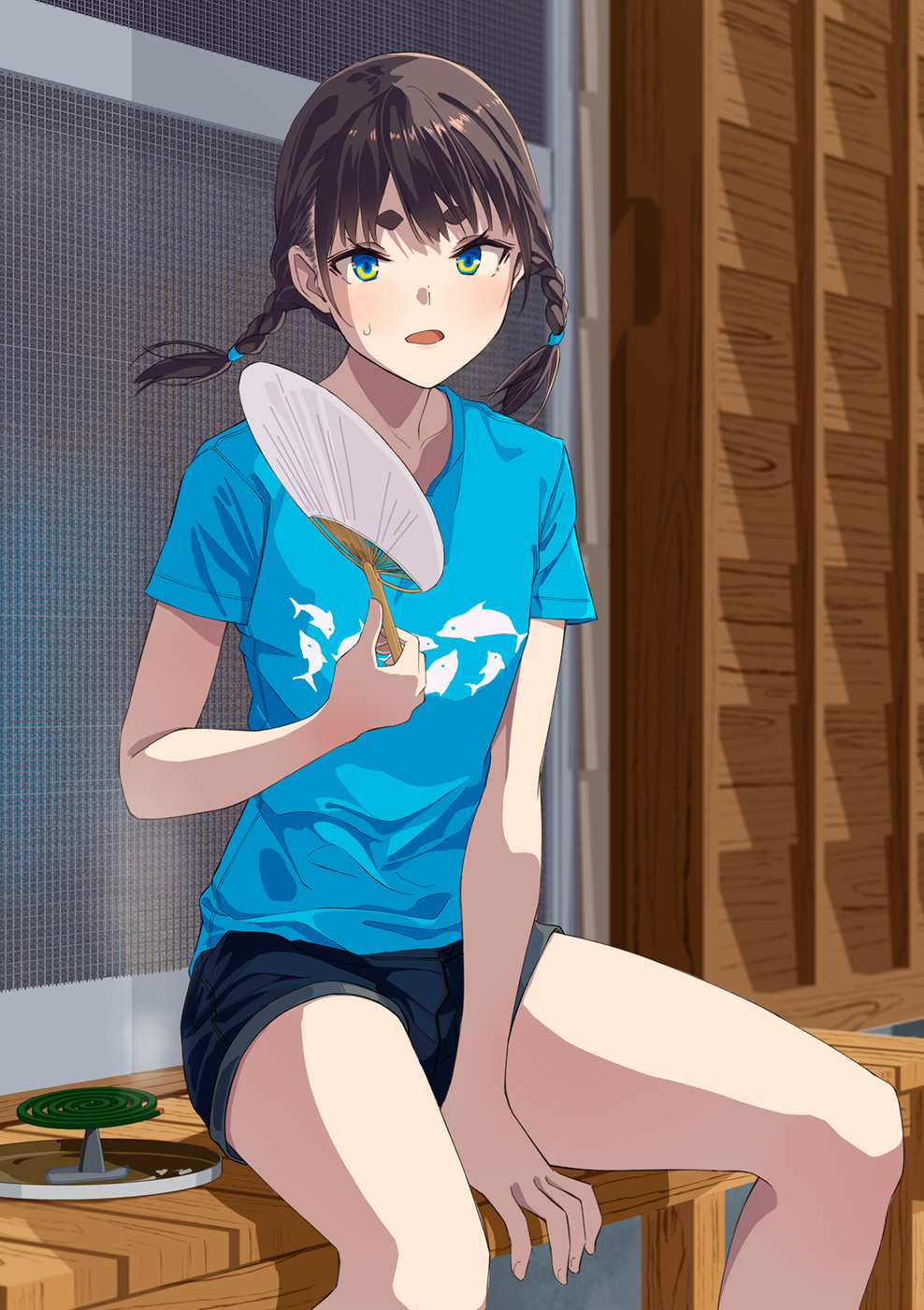 1girl between_legs black_shorts blue_eyes blue_shirt braid brown_hair commentary_request dolphin_print feet_out_of_frame hand_between_legs hand_fan highres hiwatari_rin holding looking_at_viewer mosquito_coil open_mouth original paper_fan print_shirt shirt short_eyebrows short_shorts shorts sitting solo sweat thick_eyebrows twin_braids twintails uchiwa
