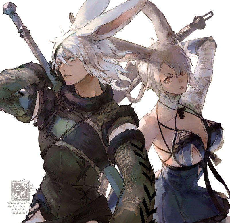 1boy 1girl a2_(nier:automata) animal_ears asymmetrical_bangs bandaged_arm bandaged_neck bandages braid braided_hair_rings breasts commentary final_fantasy final_fantasy_xiv grey_hair hair_between_eyes hair_rings holding holding_sword holding_weapon kaine_(nier) kemonomimi_mode large_breasts lingerie negligee nier nier_(brother) nier_(series) open_mouth parted_bangs rabbit_boy rabbit_ears rabbit_girl standing sword underwear viera watermark weapon white_hair yellow_eyes zerou_pan