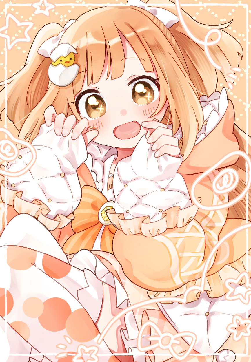 1girl :d blush bow bowtie brooch commentary egg_hair_ornament food-themed_hair_ornament frilled_jacket frilled_skirt frilled_sleeves frills gem hair_ornament hair_ribbon hands_up highres jacket jewelry kirara_tamako kirara_tamako_(2nd_costume) long_hair long_sleeves looking_at_viewer nijisanji official_alternate_costume open_clothes open_jacket open_mouth orange_background orange_bow orange_bowtie orange_eyes orange_hair orange_jacket orange_skirt plaid_clothes plaid_skirt pleated_skirt polka_dot_thighhighs puffy_long_sleeves puffy_sleeves ribbon sanitigo shirt sidelocks skirt sleeves_past_wrists smile solo star_(symbol) striped_bow striped_bowtie striped_clothes symbol-only_commentary thighhighs two_side_up virtual_youtuber white_jacket white_ribbon white_shirt white_thighhighs yellow_gemstone
