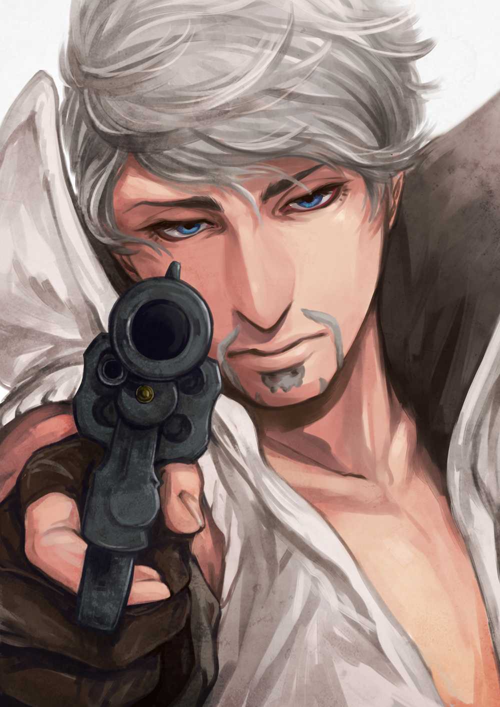 1boy bad_id bad_pixiv_id beard blue_eyes cafemoka-septro facial_hair fingerless_gloves gloves gun highres jojo_no_kimyou_na_bouken male_focus ringo_roadagain solo steel_ball_run weapon